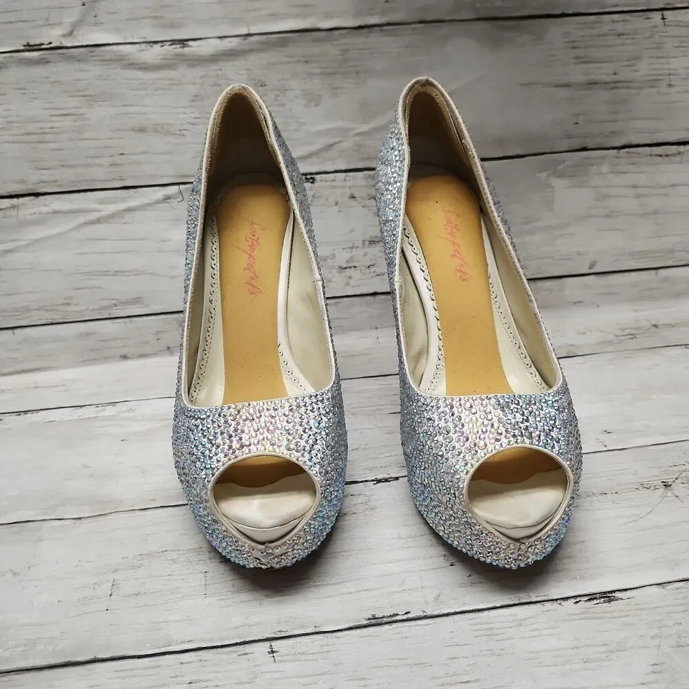 Benjamin Adams London Silver Jewel Encrusted Peep Toe Platform Pumps S 7.5/38